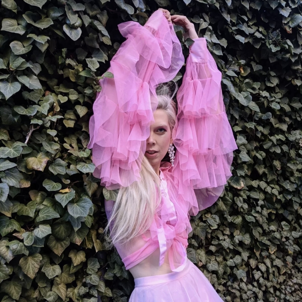 House of Aris Pink Ruffle Tulle Sheer Blouse S Long Sleeve Button Up Collared